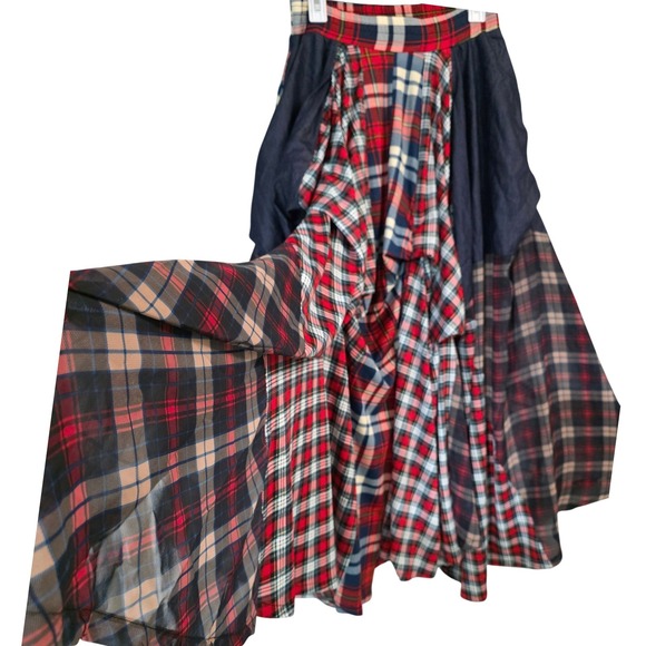 Kosmios Boho Plaid Patchwork Maxi Skirt Draped Pockets Festival Size L - Picture 7 of 16